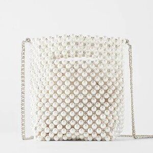 Zara Pearl Mini Bucket Bag Silver Chain Crossbody Purse